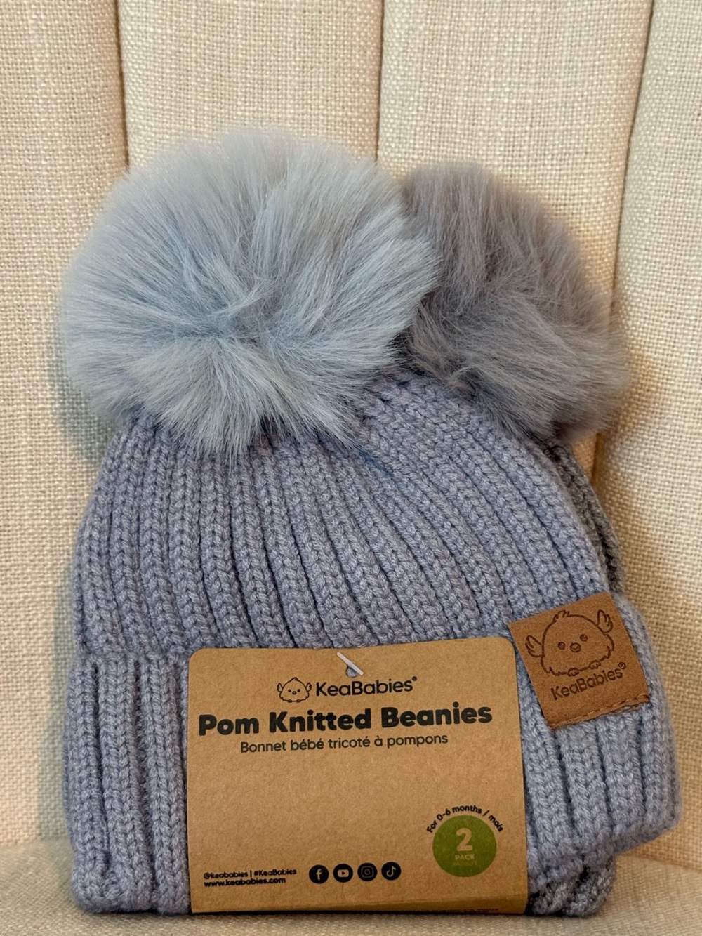 2 NEW baby KeaBabies GRAY pom knitted knit beanie grey soft infant 0-6 months